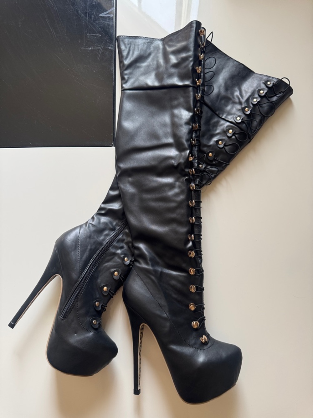 AMI Nikki Black Lace-Up Over-the-Knee Stiletto Boots